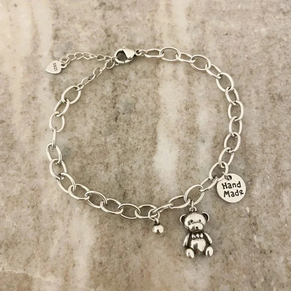 925 Sterling Silver Teddy Bear Charm Bracelet Minimalist Dainty Link Bracelet - Picture 2 of 5